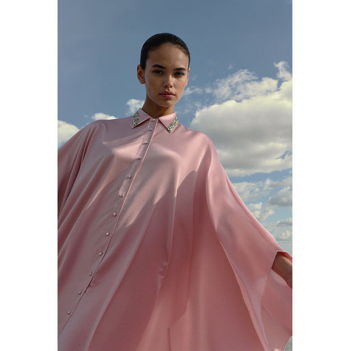 Kaftan Shirt Dress with Crystal Buttons - Misty Rose