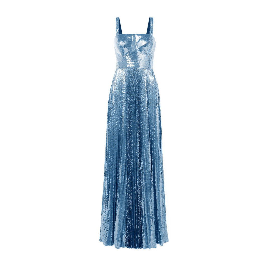 Sky Blue Pleated Sequin Tulle Gown SemSem Sky Blue Pleated Sequin Tulle Gown SemSem