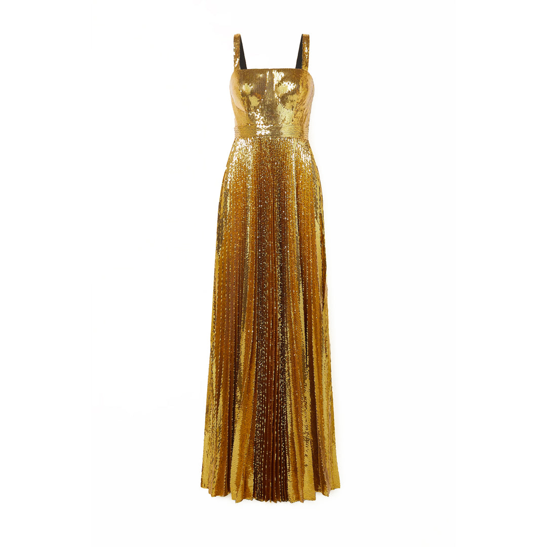 Pleated Gold Sequin Tulle Gown, US 6 Pleated Gold Sequin Tulle Gown, US 6
