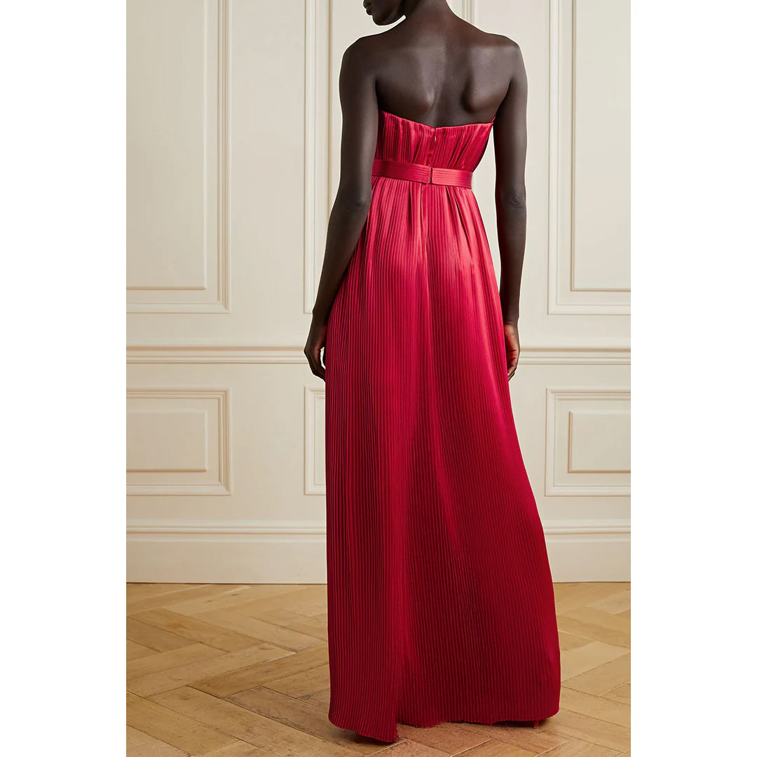 Strapless Belted Plissé Silk-Satin Bustier Dress