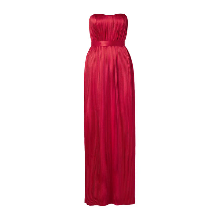 Strapless Belted Plissé Silk-Satin Bustier Dress