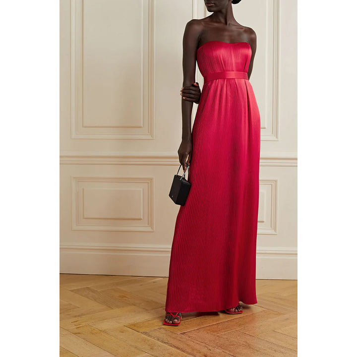 Strapless Belted Plissé Silk-Satin Bustier Dress