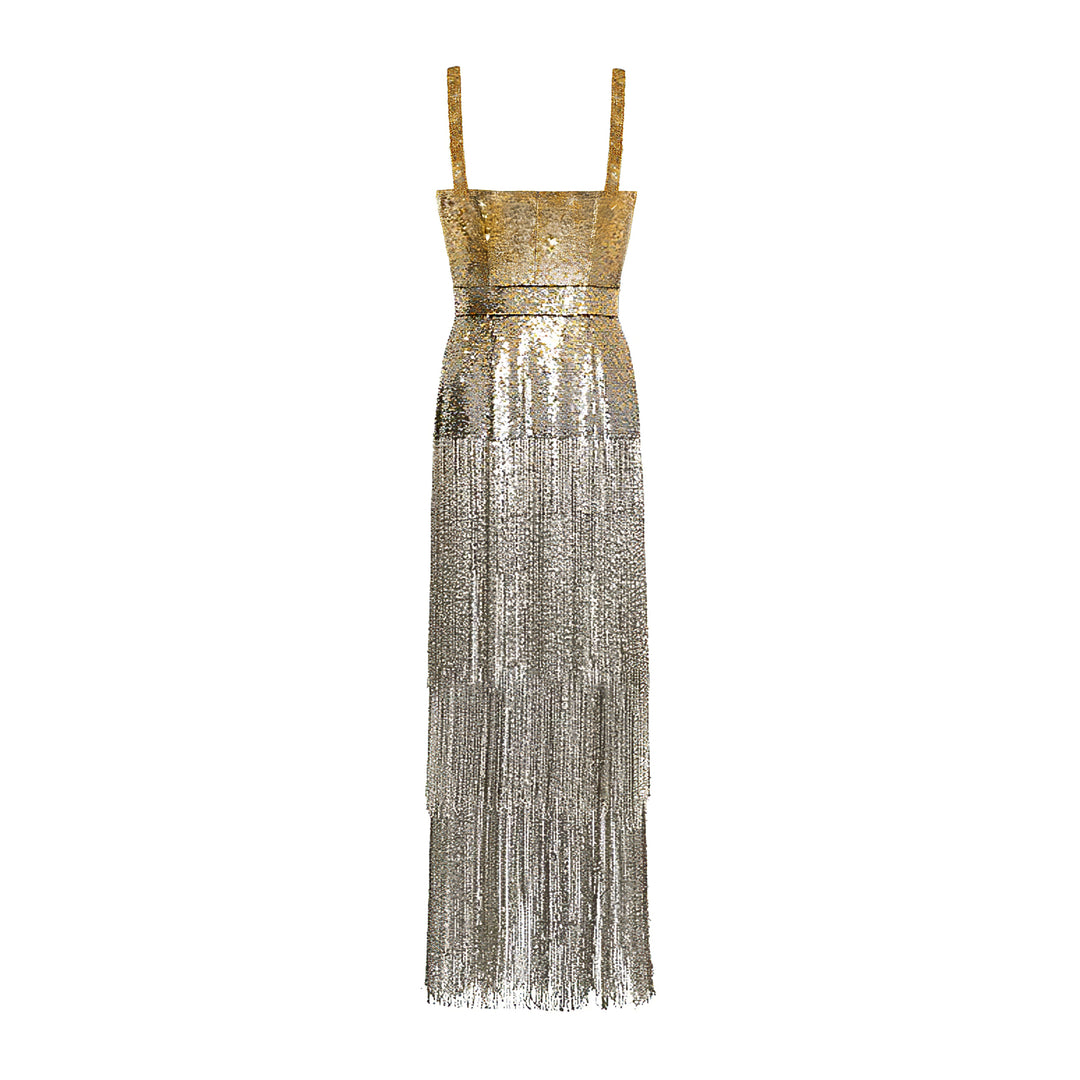 Ombré Sequin Bustier Dress with Beaded Fringe, US 12
