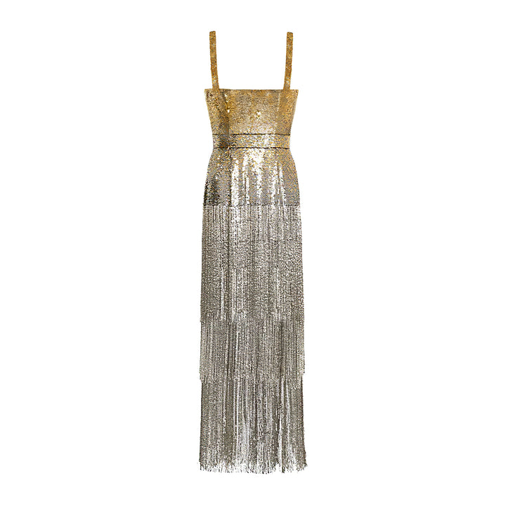Ombré Sequin Bustier Dress with Beaded Fringe