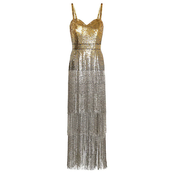 Ombré Sequin Bustier Dress with Beaded Fringe, US 12