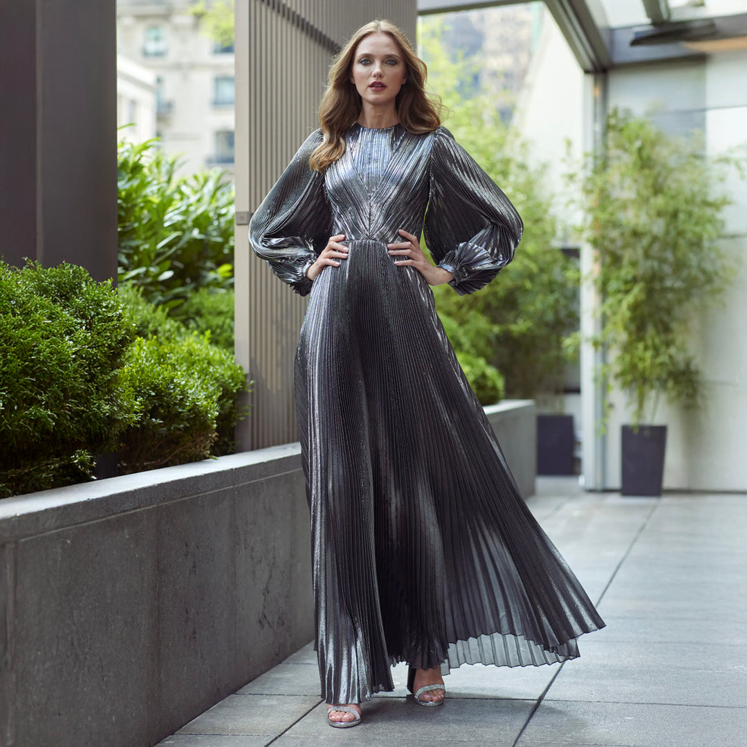 Pleated Metallic Maxi Dress, US 4 Pleated Metallic Maxi Dress, US 4