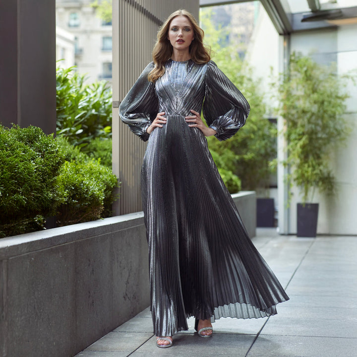 Pleated Metallic Maxi Dress