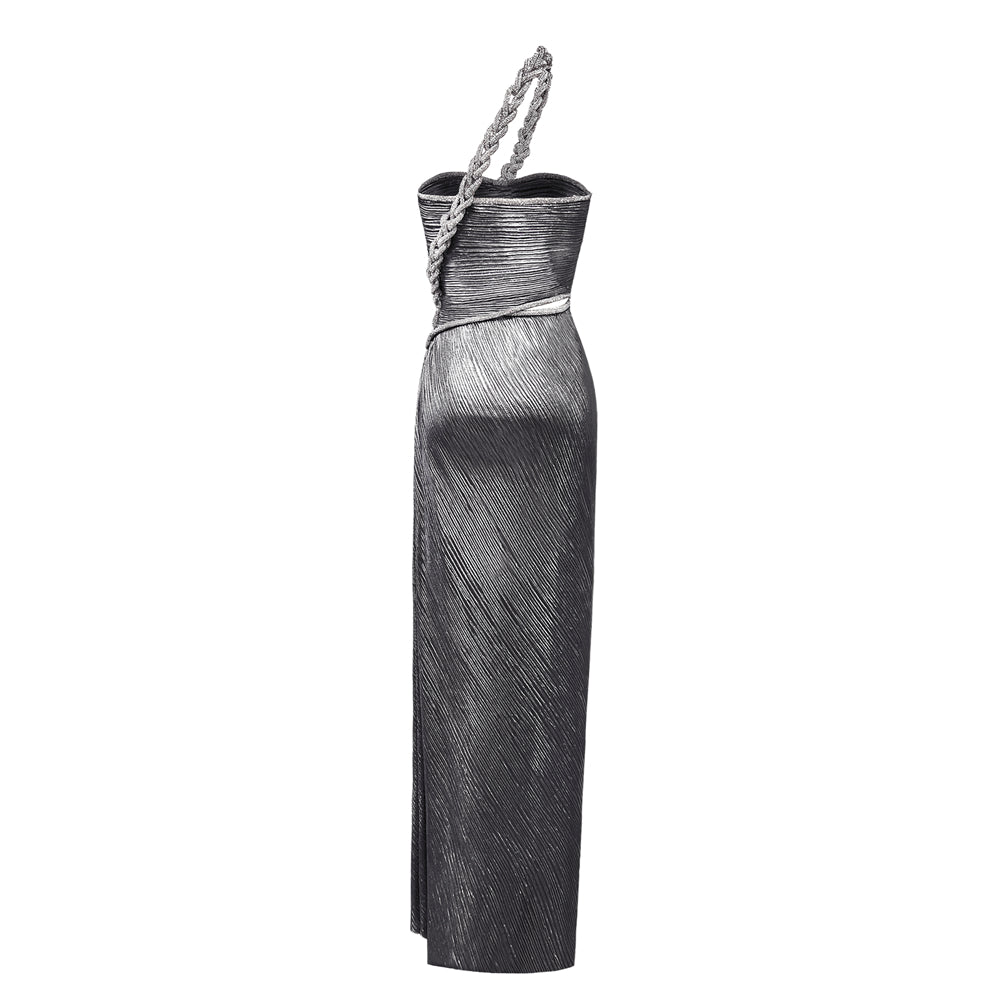 SemSem Silver Plissé Dress with Crystal Rope.