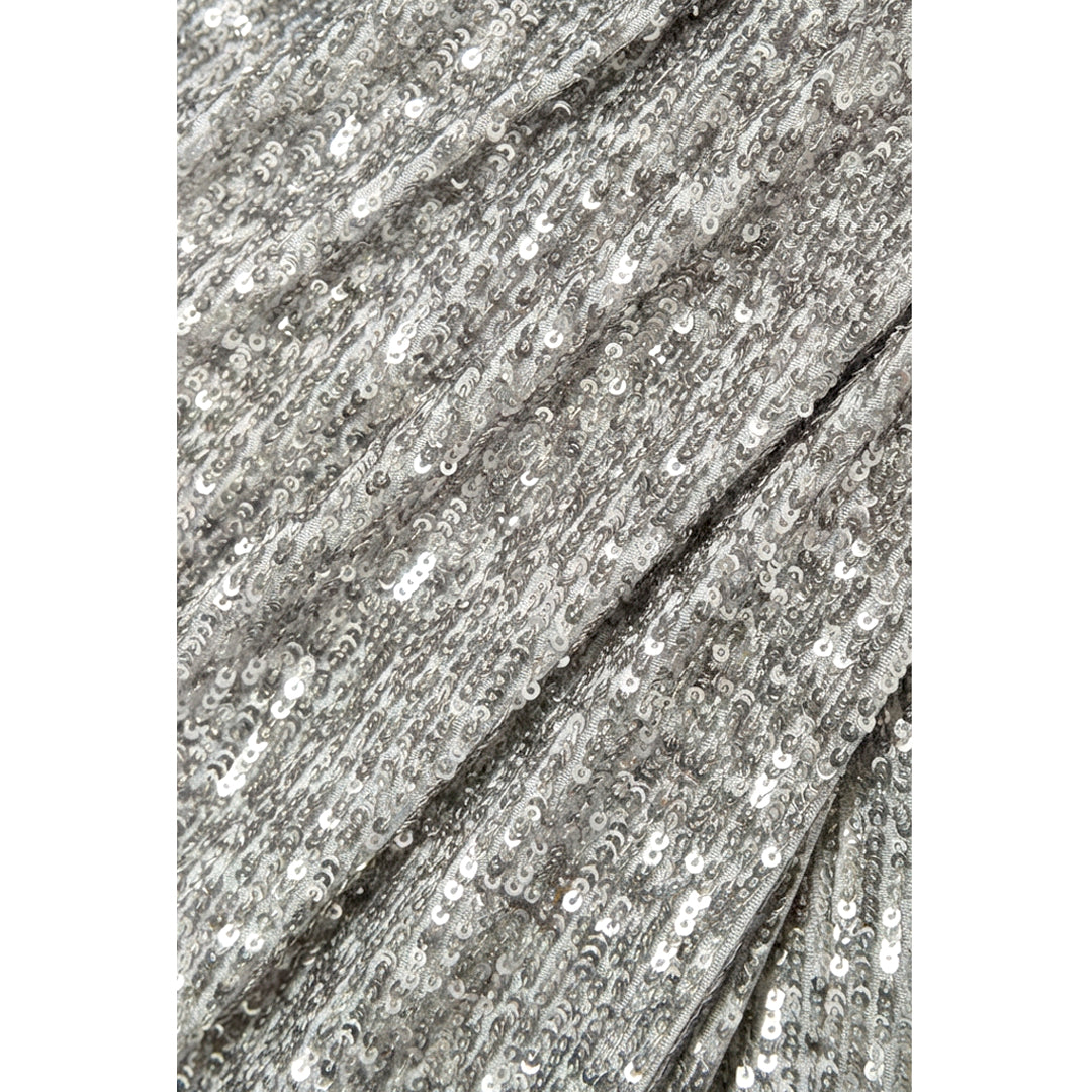 Silver Gathered Sequin Stretch-Tulle Gown