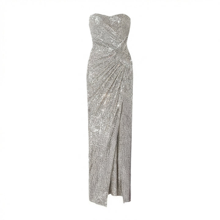 Silver Gathered Sequin Stretch-Tulle Gown