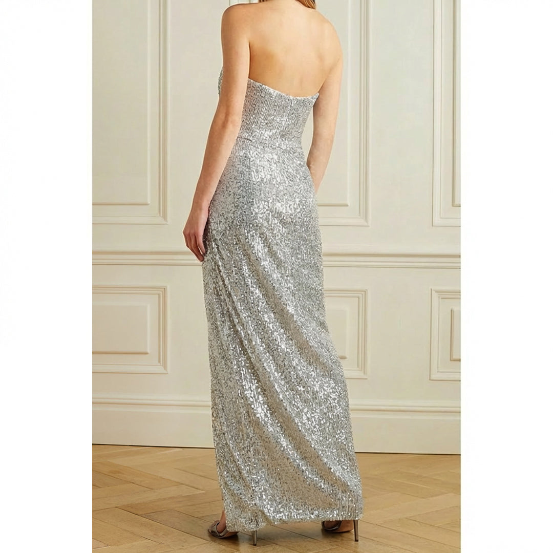 Silver Gathered Sequin Stretch-Tulle Gown