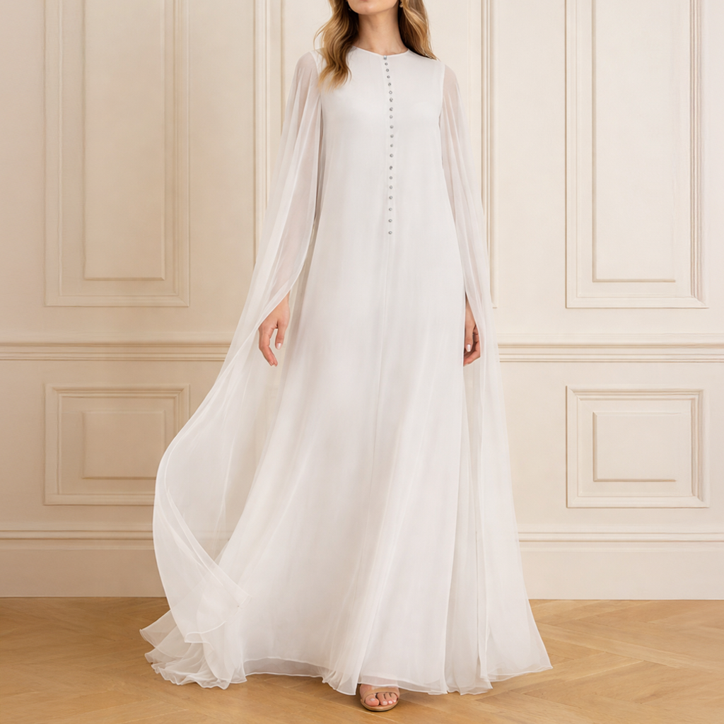 White Silk Chiffon Kaftan Dress