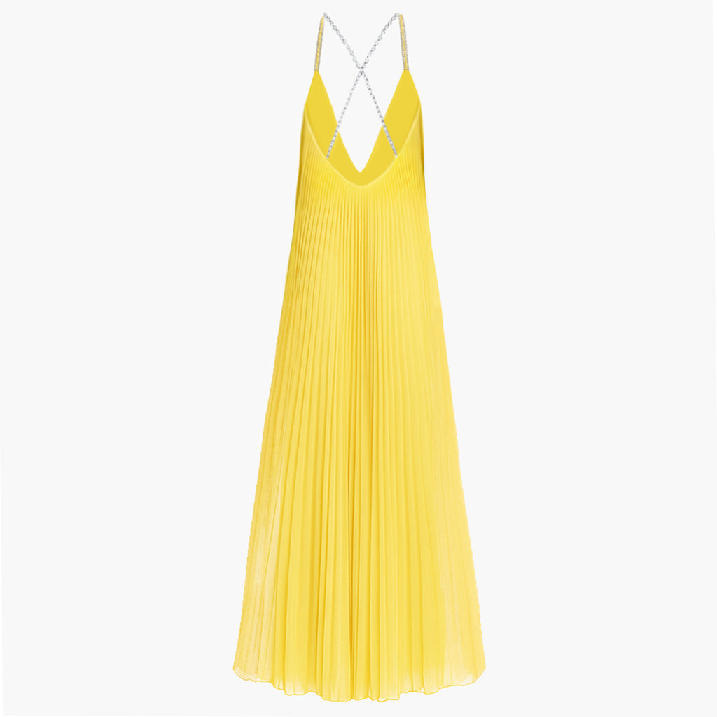Crystal Embellished Yellow Plissé Gown