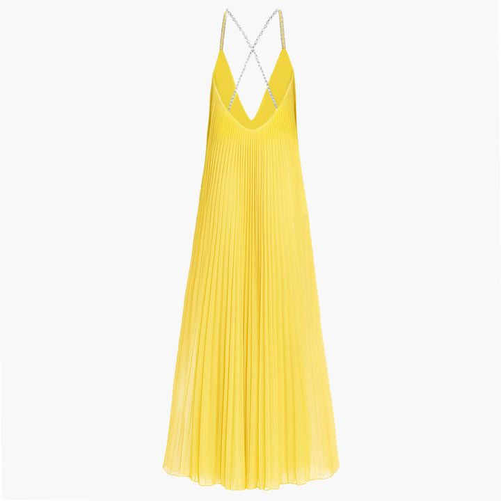 Crystal Embellished Yellow Plissé Gown