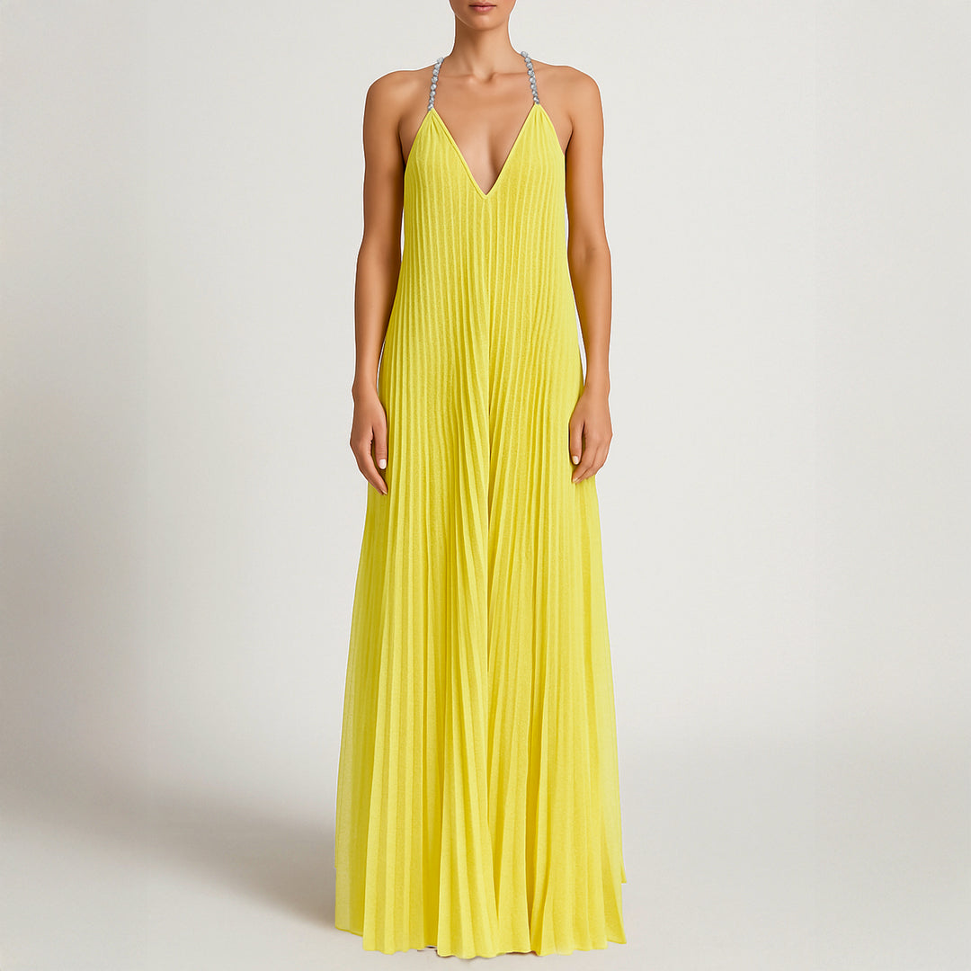 Crystal Embellished Yellow Plissé Gown
