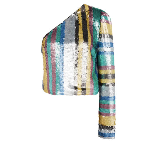 One Shoulder Striped Sequin Top