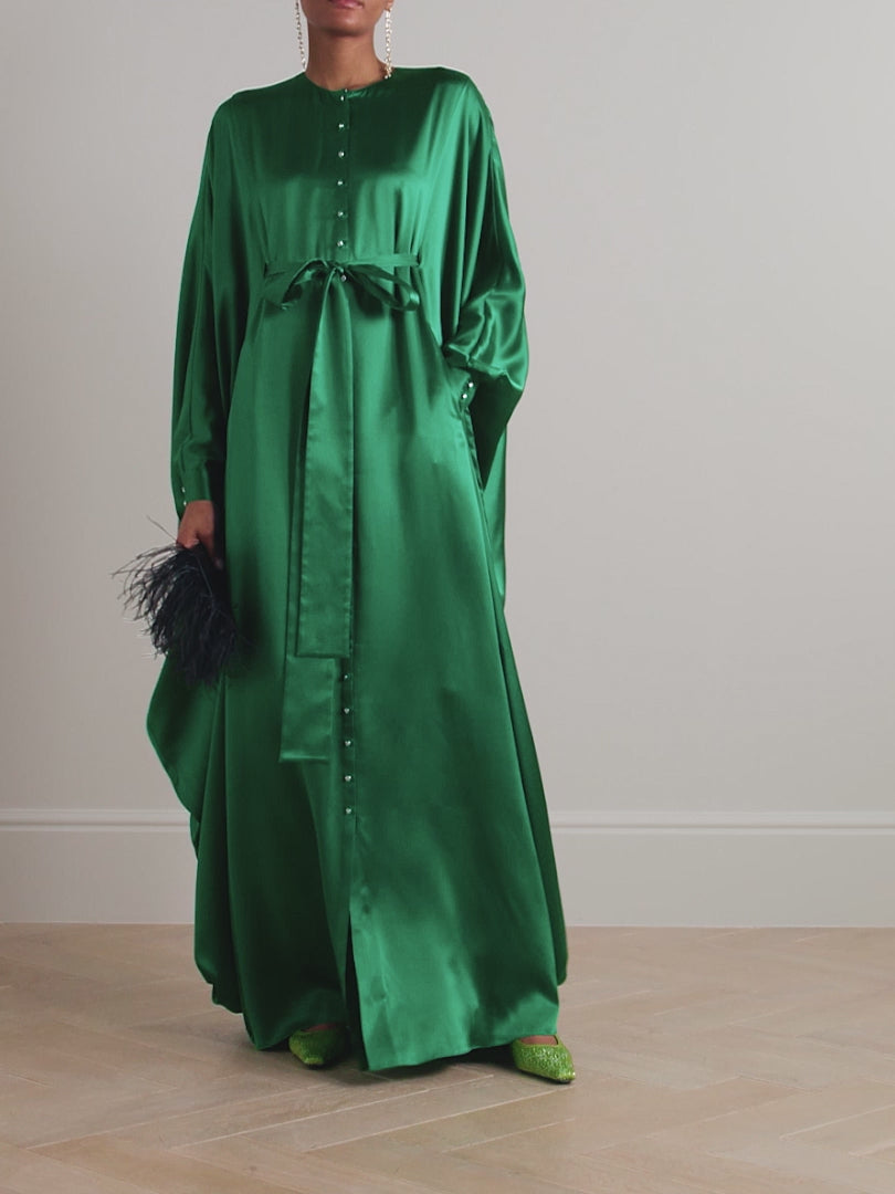 Belted Button-Embellished Silk Kaftan