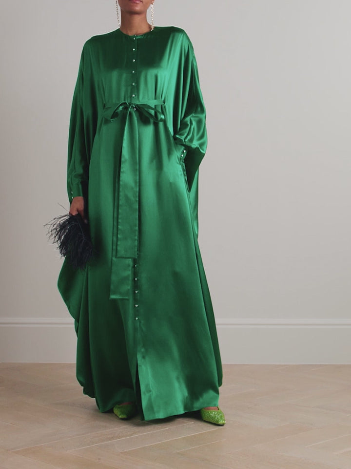 Belted Button-Embellished Silk Kaftan