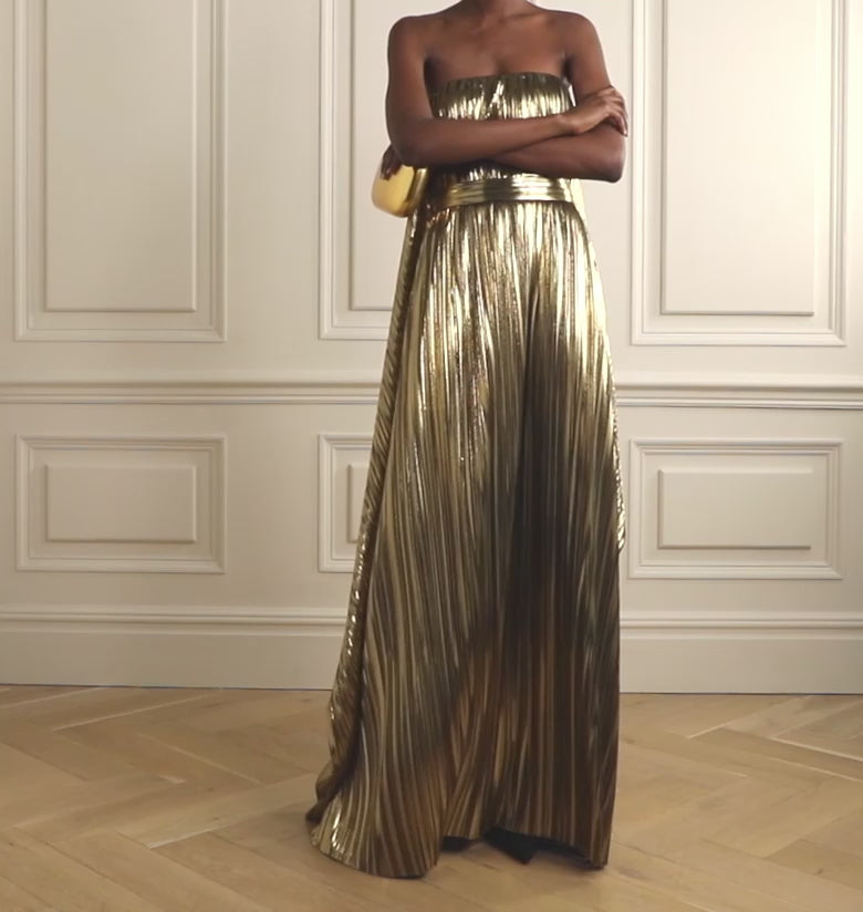 Gold Belted Draped Pleated Lamé Gown