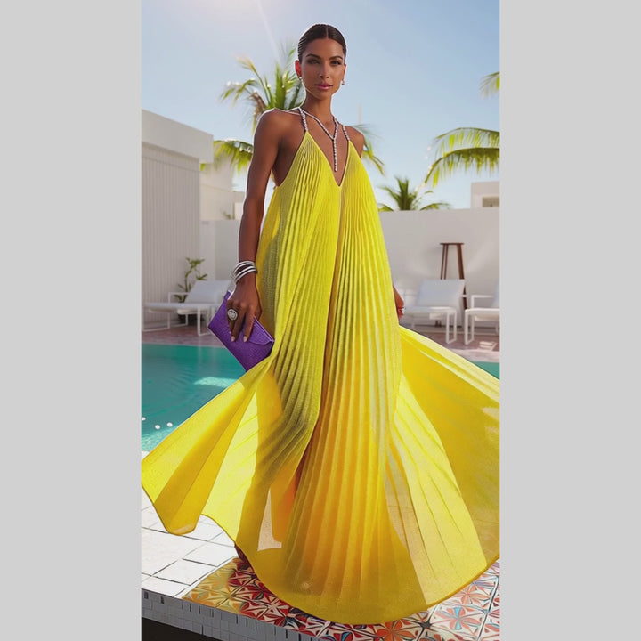 Crystal Embellished Yellow Plissé Gown
