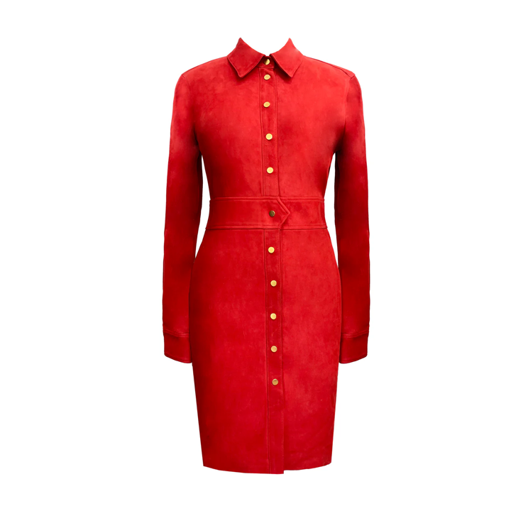 Hanna Suede Shirt Dress - Haute Red