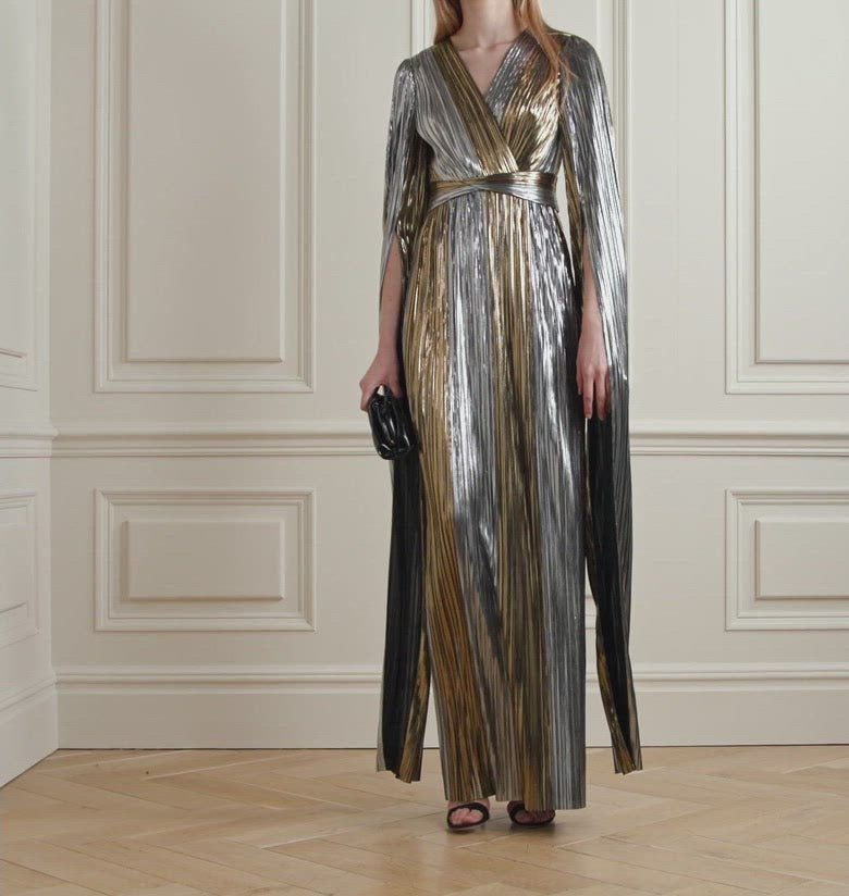 Cape-Effect Plissé-Lamé Gown