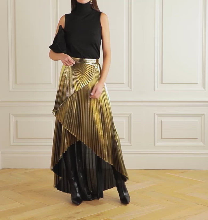 Wrap-Effect Layered Pleated Lamé Maxi Skirt