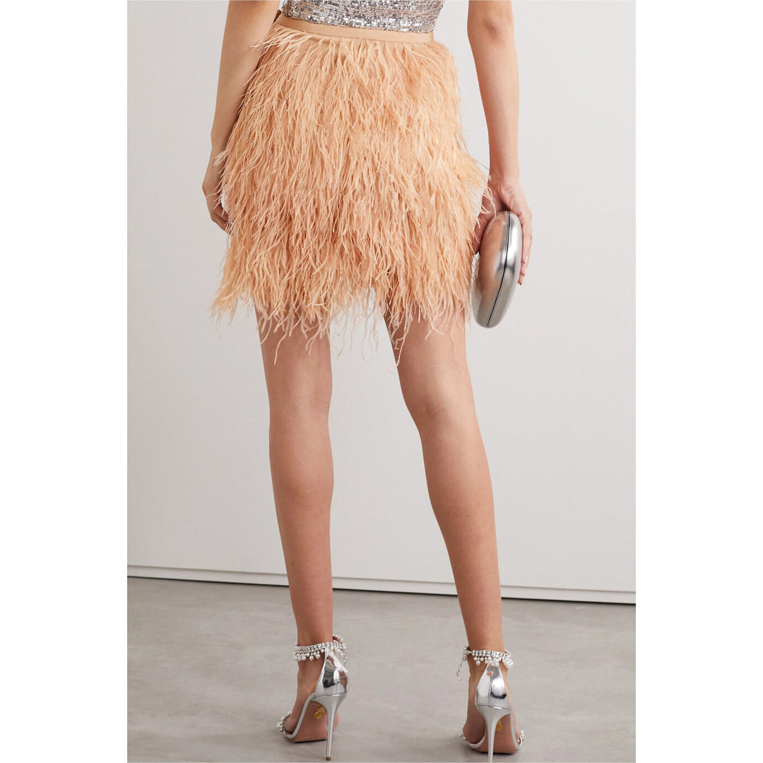 Feather and Tinsel-Embellished Silk-Blend Crepe de Chine Mini Skirt