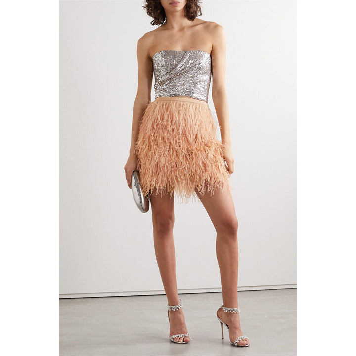 Feather and Tinsel-Embellished Silk-Blend Crepe de Chine Mini Skirt