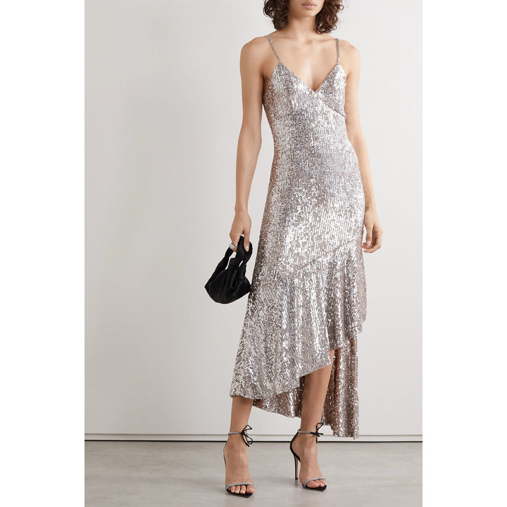 Model Wearing SemSem Asymmetric Sequined Tulle Midi Dress.