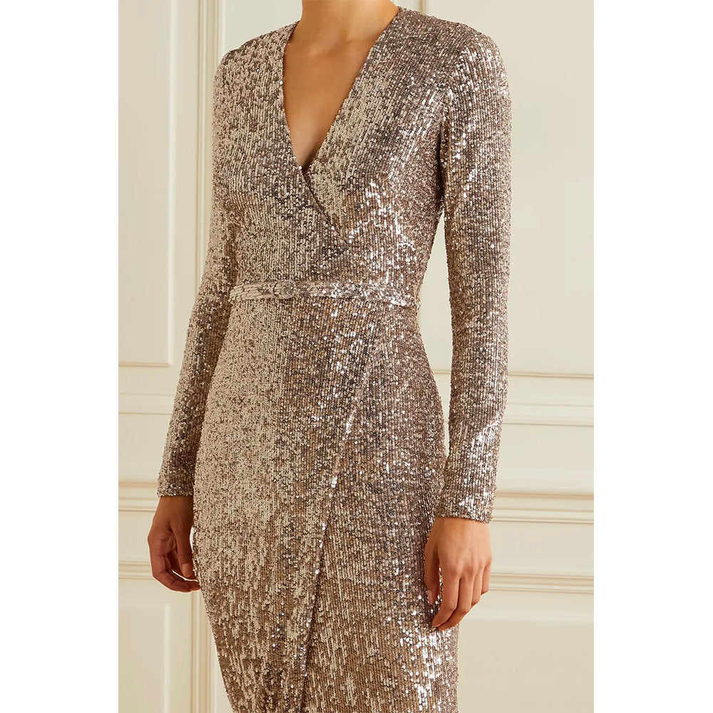Model Wearing SemSem Belted wrap-effect sequined stretch-tulle gown.