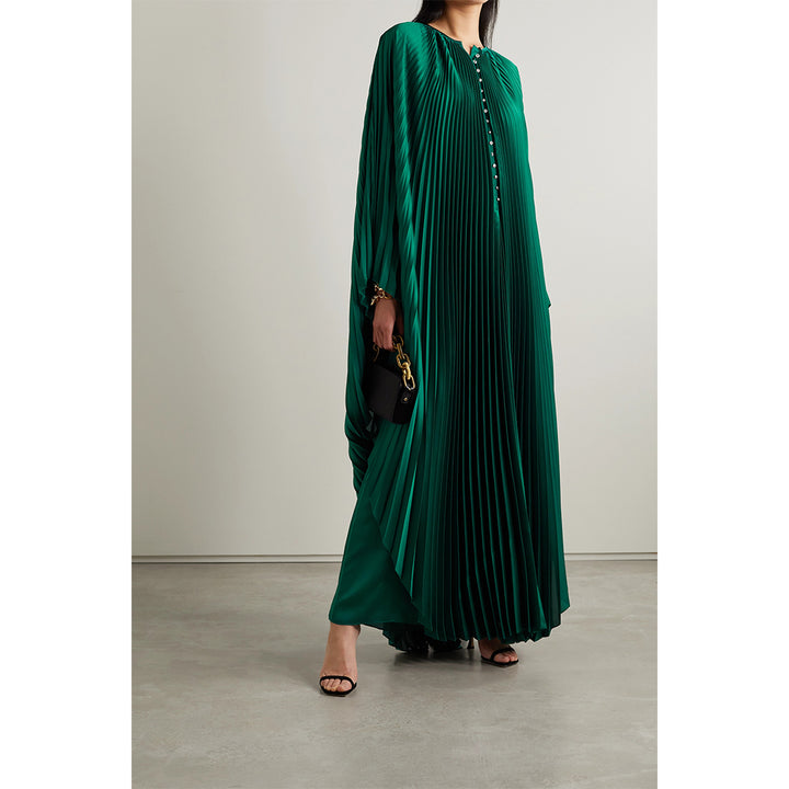 Model Wearing SemSem Crystal-Embellished Plissé-Satin Maxi Dress.