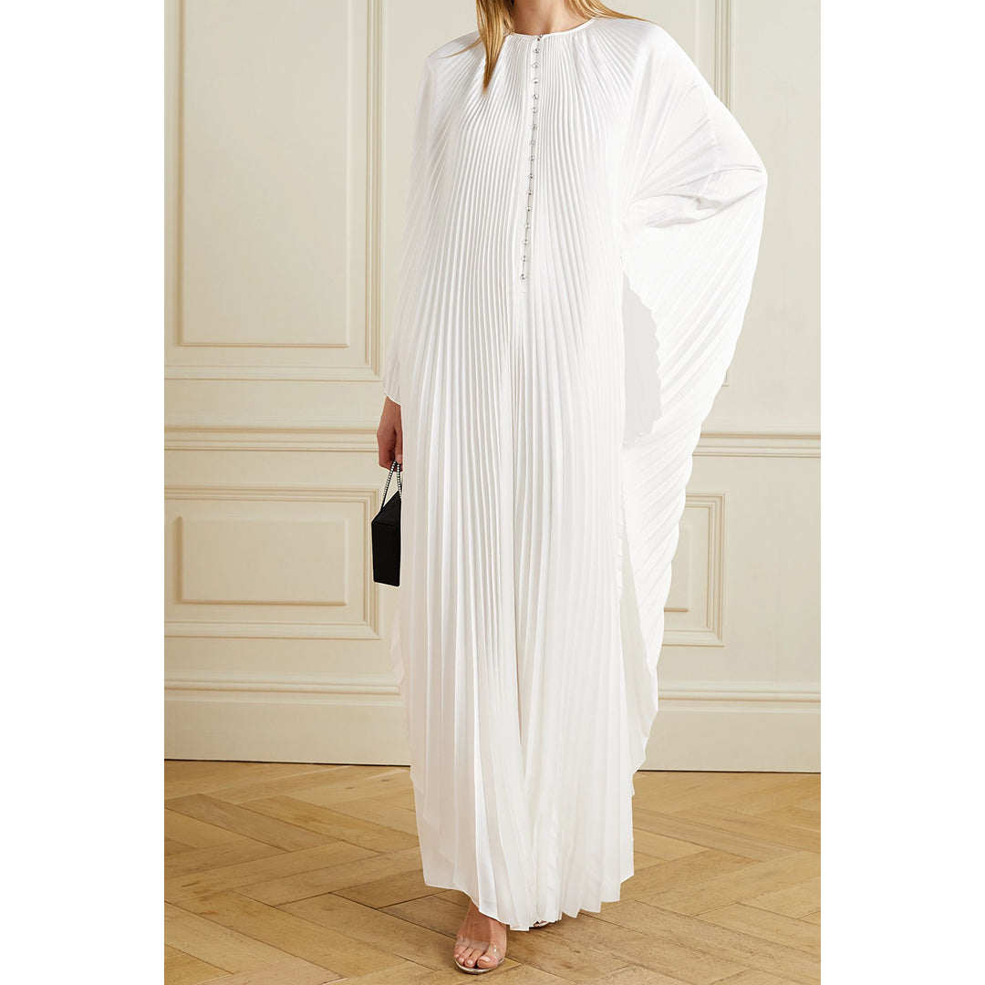 Model Wearing SemSem Crystal Embellished Plissé-Satin Maxi Dress.