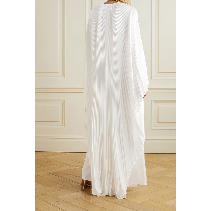 Model Wearing SemSem Crystal Embellished Plissé-Satin Maxi Dress.