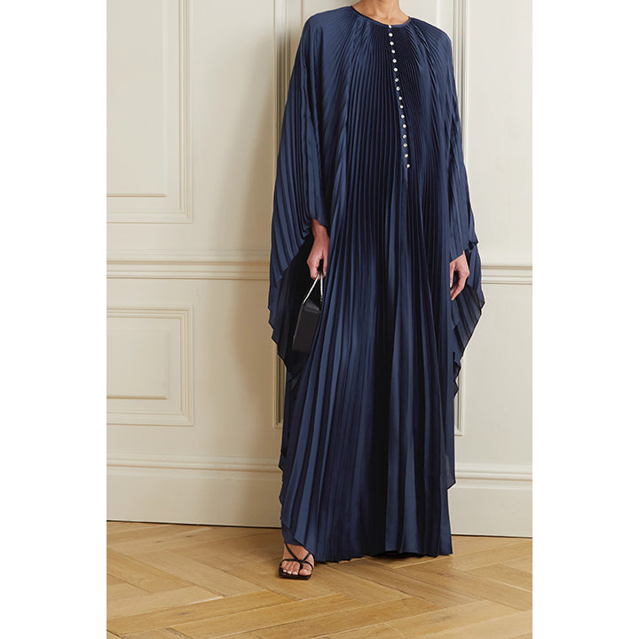 Model Wearing SemSem Crystal Embellished Plissé Satin Maxi Dress.