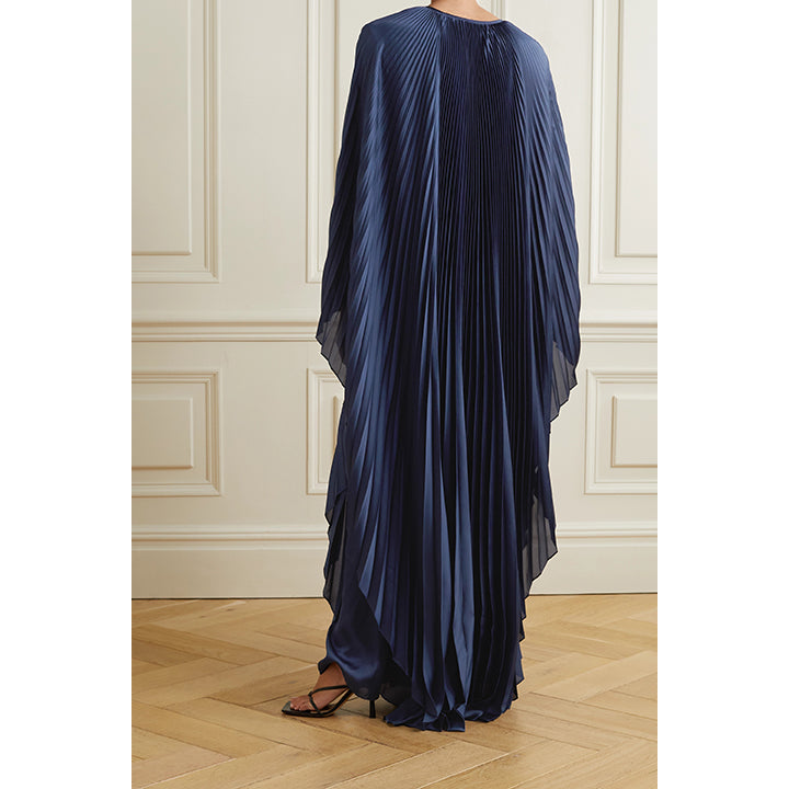 Model Wearing SemSem Crystal Embellished Plissé Satin Maxi Dress.