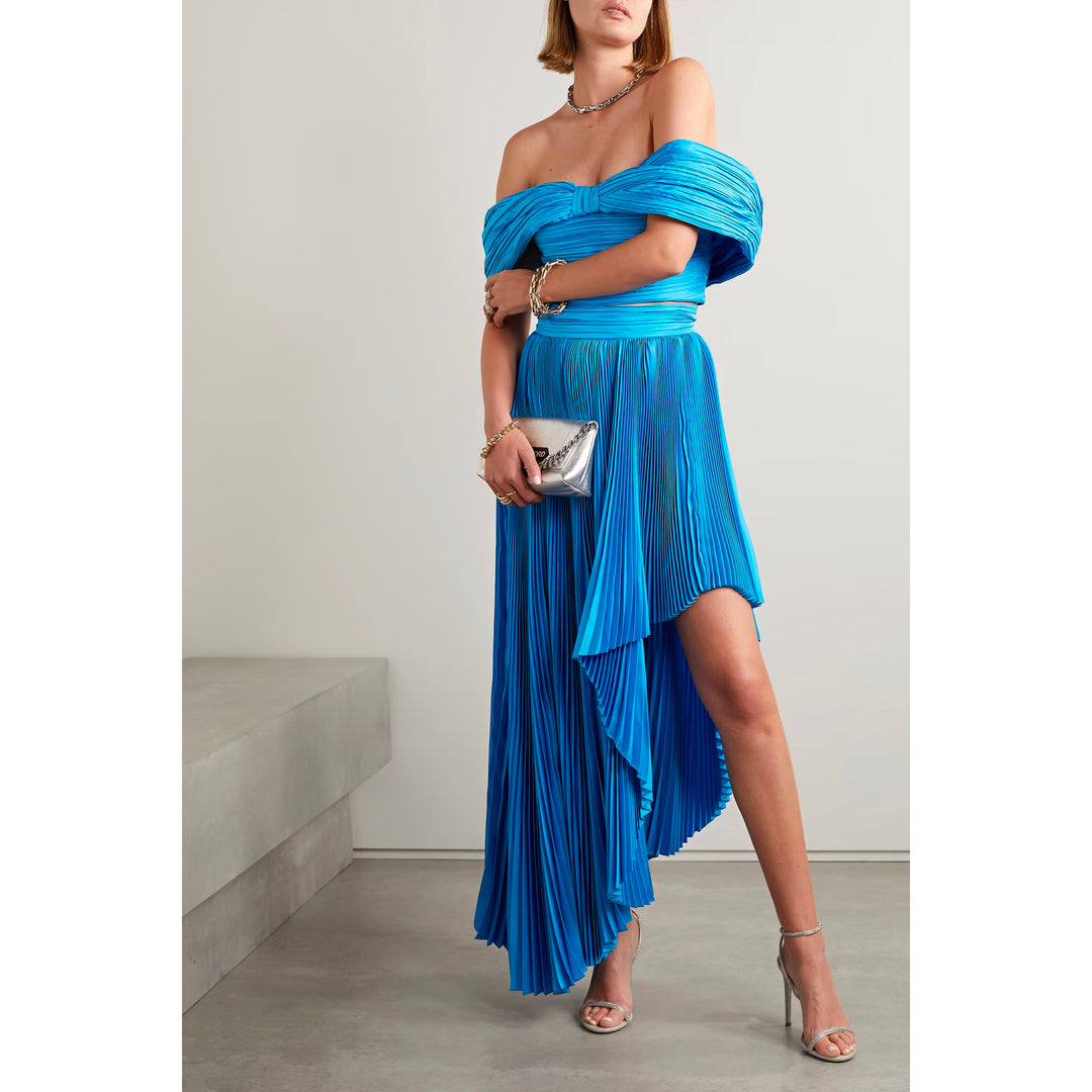 Model Wearing SemSem Draped Asymmetric Plissé Silk-Charmeuse Maxi Skirt.