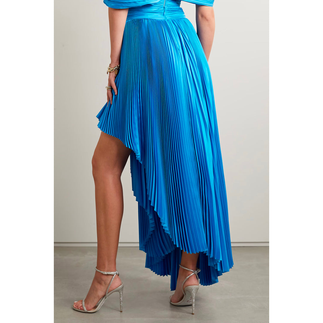 Model Wearing SemSem Draped Asymmetric Plissé Silk-Charmeuse Maxi Skirt.