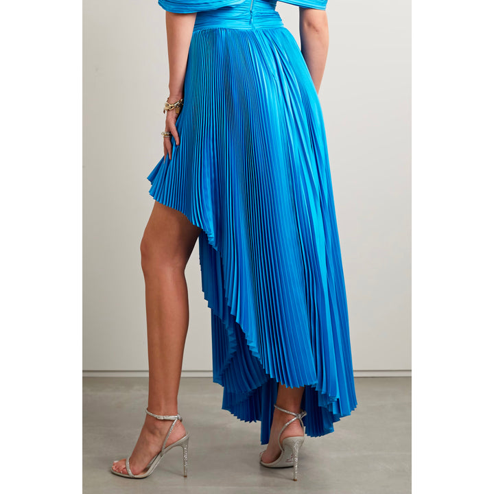 Model Wearing SemSem Draped Asymmetric Plissé Silk-Charmeuse Maxi Skirt.