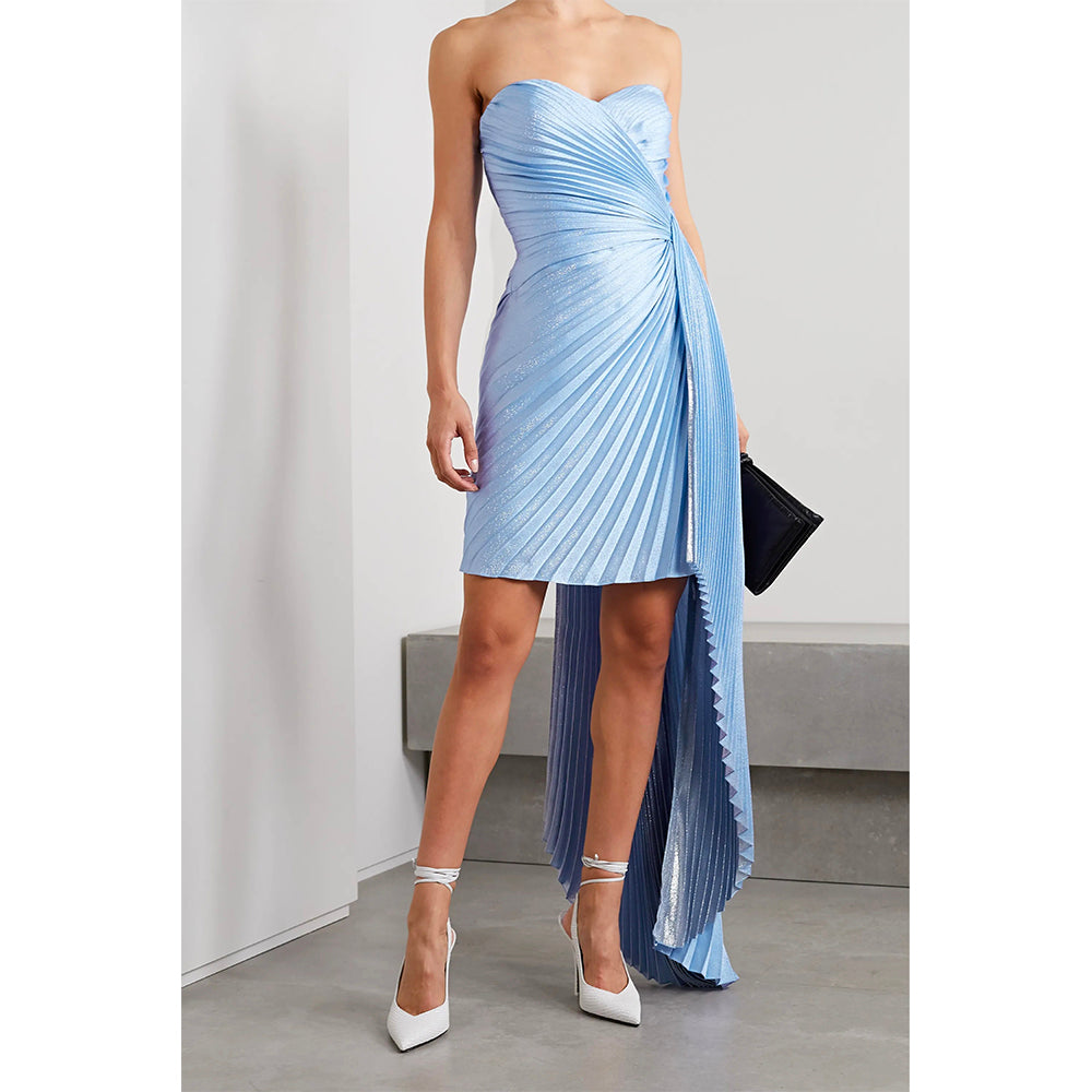 Model Wearing SemSem Draped Pleated Metallic Silk-Blend Crepe Mini Dress.