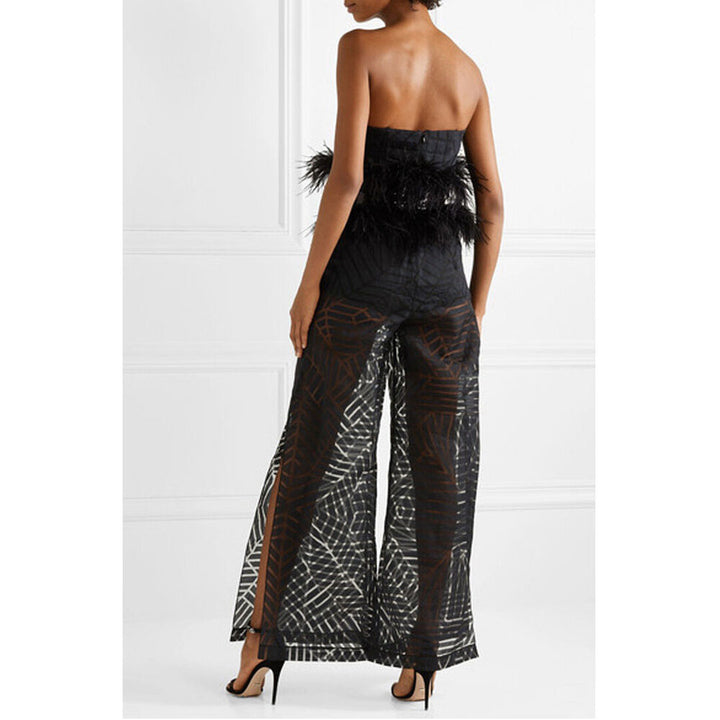 Model Wearing SemSem Feather and Sequin-Embellished Devoré-Organza Jumpsuit.