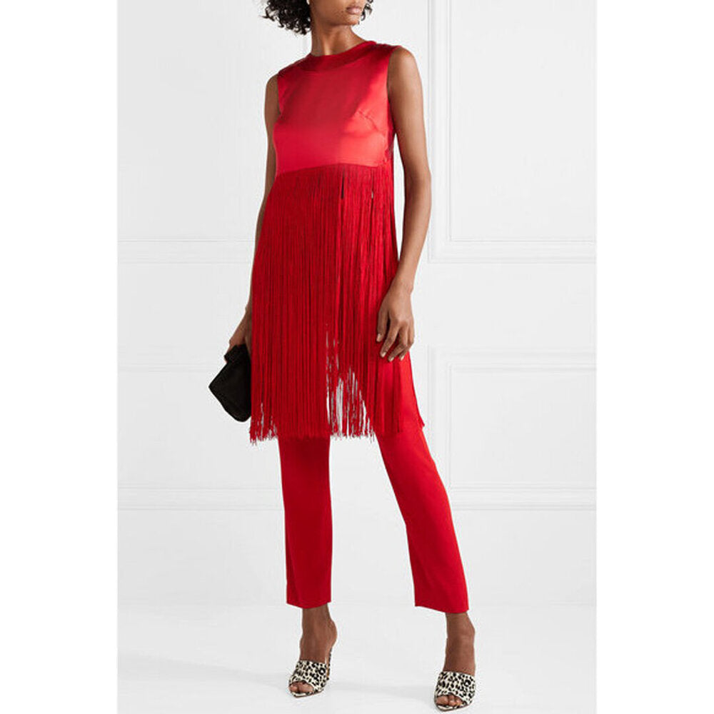 Model Wearing SemSem Fringed Silk-Satin Top.