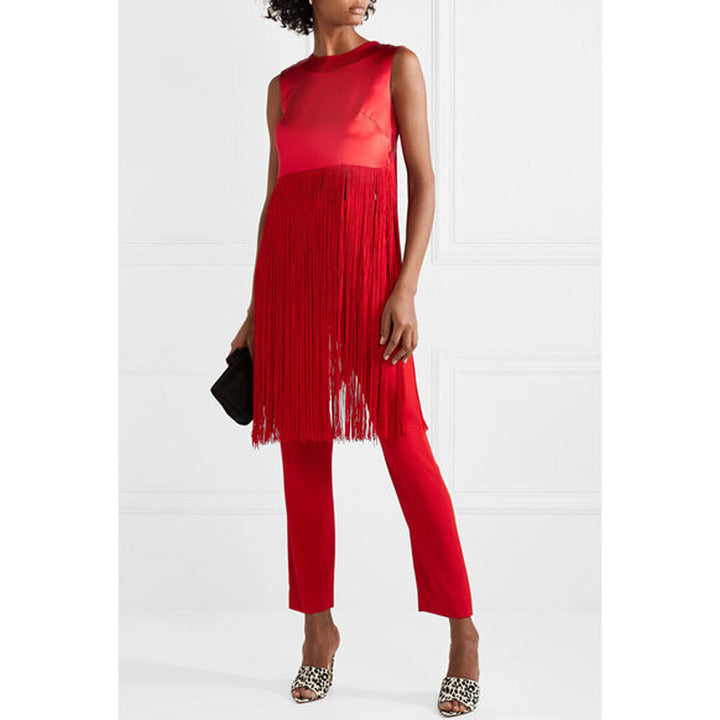 Model Wearing SemSem Fringed Silk-Satin Top.