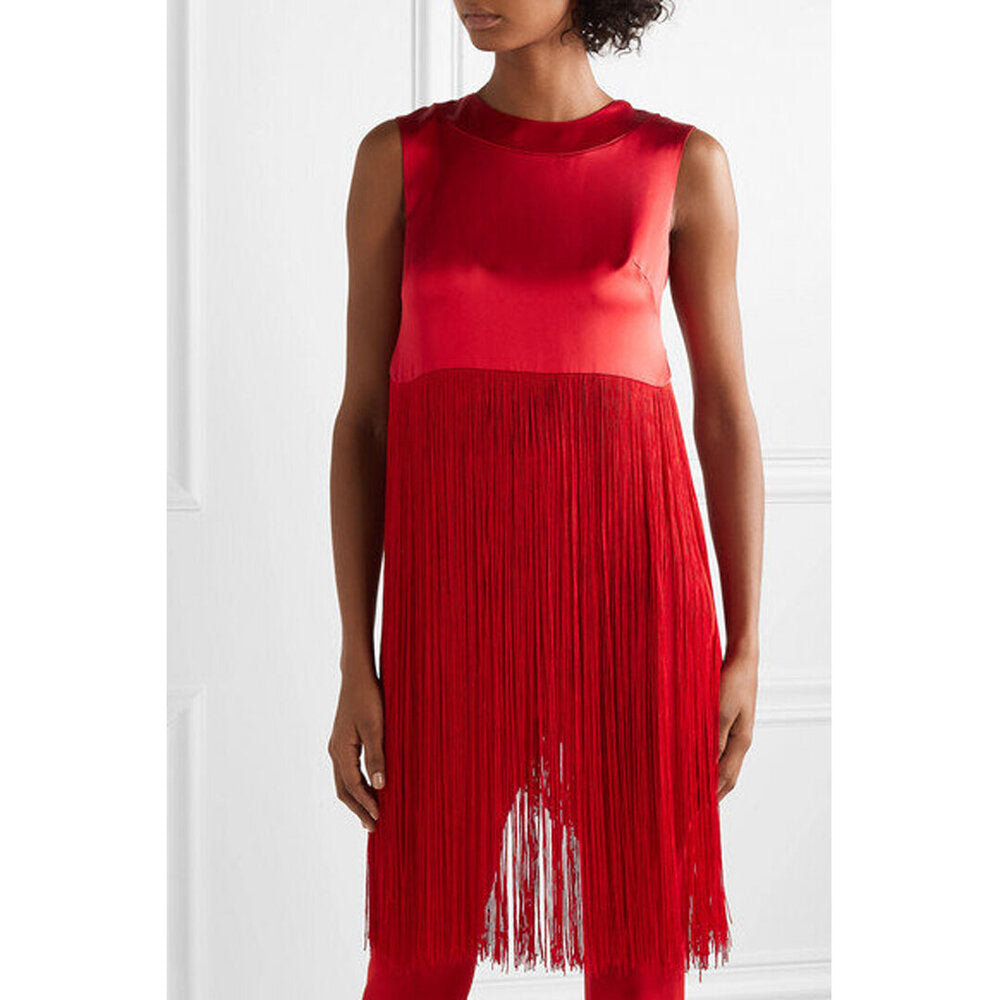 Model Wearing SemSem Fringed Silk-Satin Top.