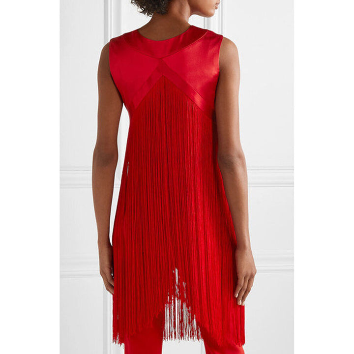 Model Wearing SemSem Fringed Silk-Satin Top.