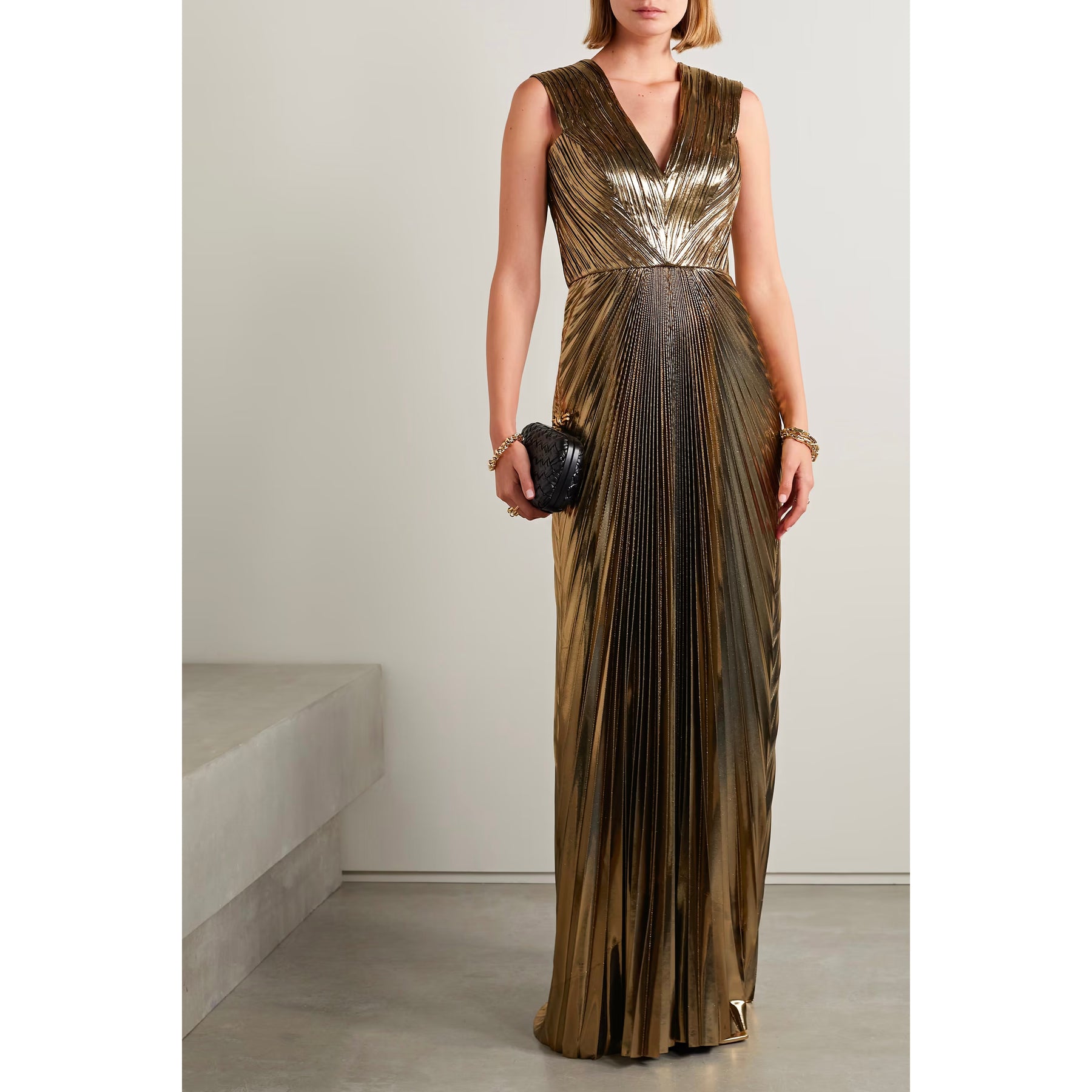 Gold Pleated Metallic Lamé Gown – SemSem