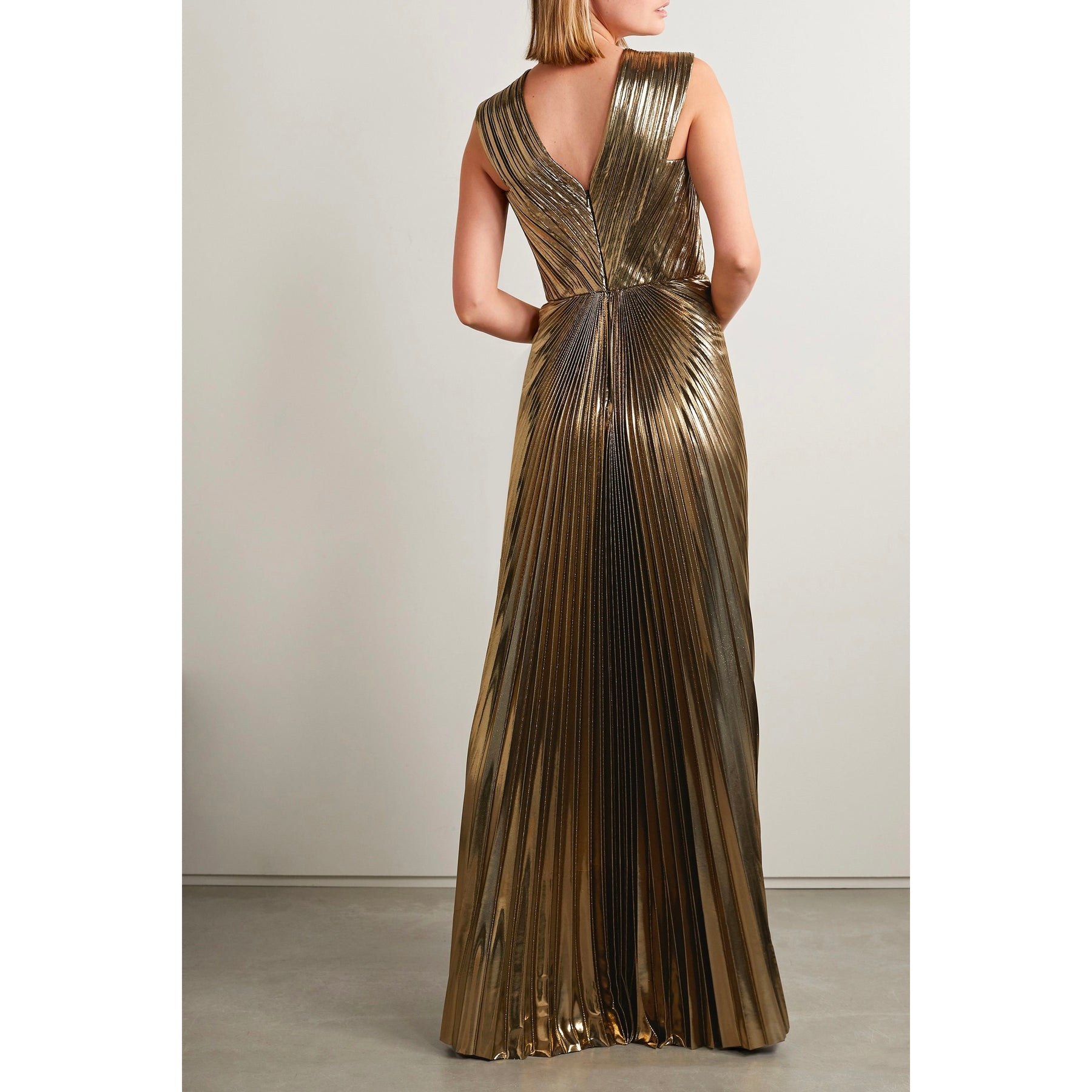 Gold Pleated Metallic Lam Gown SemSem Gold Pleated Metallic Lam Gown SemSem