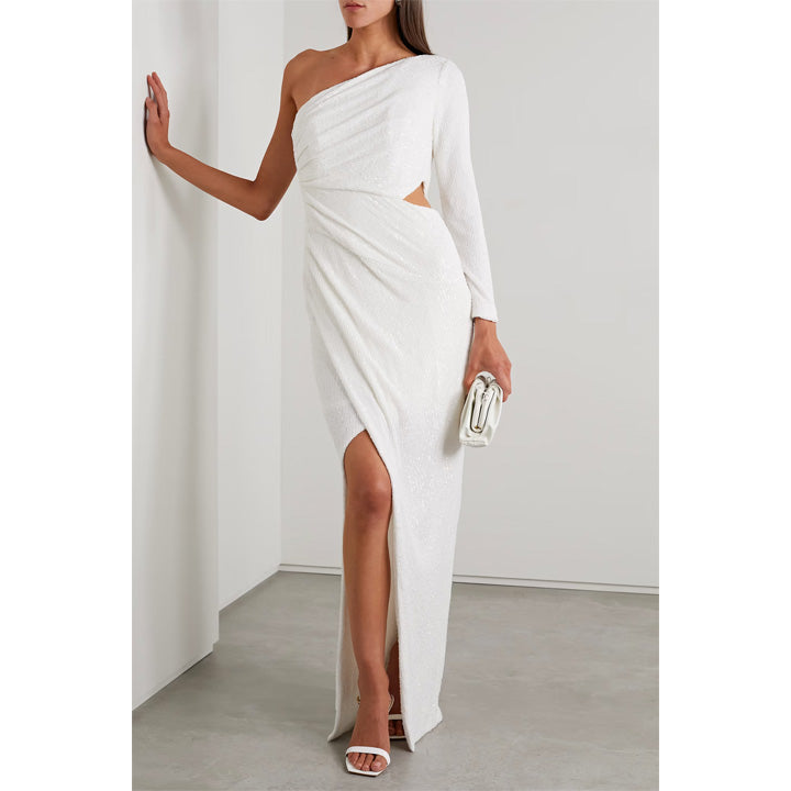 Model Wearing SemSem One-Shoulder Cutout Sequined Knitted Gown.