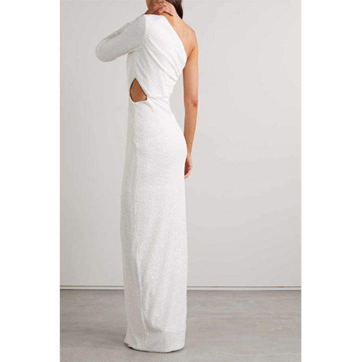 Model Wearing SemSem One-Shoulder Cutout Sequined Knitted Gown.