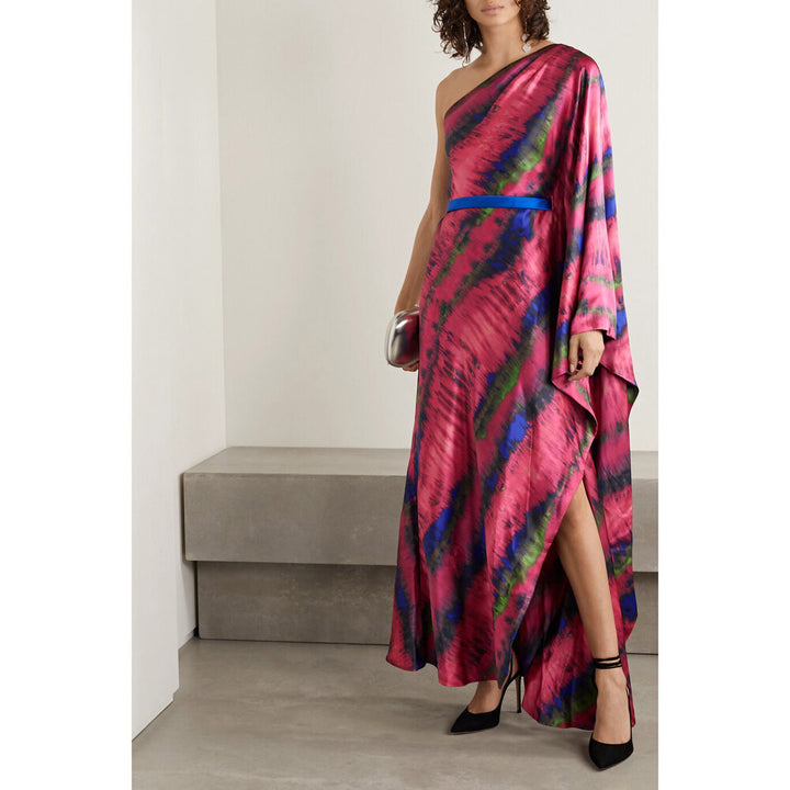 Model Wearing SemSem One-Shoulder Draped Tie-Dyed Silk-Satin Maxi Dress.
